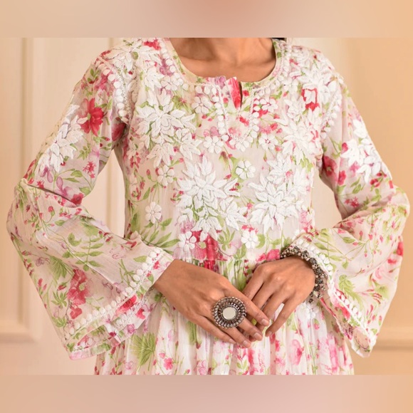 Chikankari embroidered mulmul A line frok - Picture 3 of 7